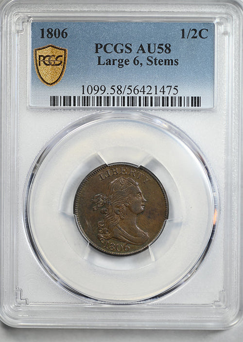 1806 Draped Bust Half Cent 1/2C PCGS AU58 - Large 6, Stems