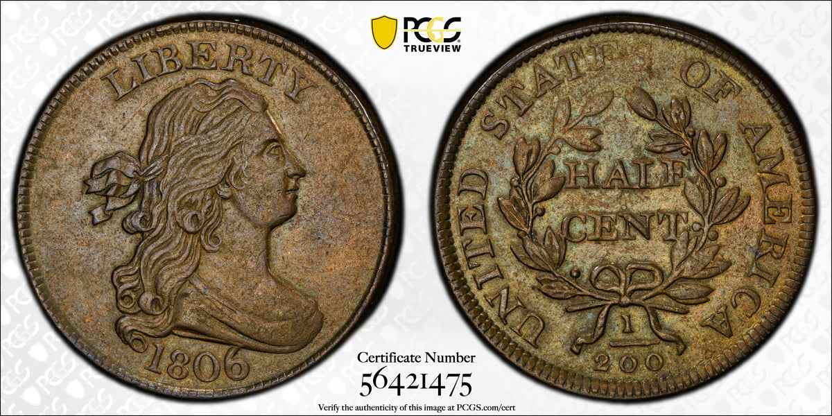 1806 Draped Bust Half Cent 1/2C PCGS AU58 - Large 6, Stems
