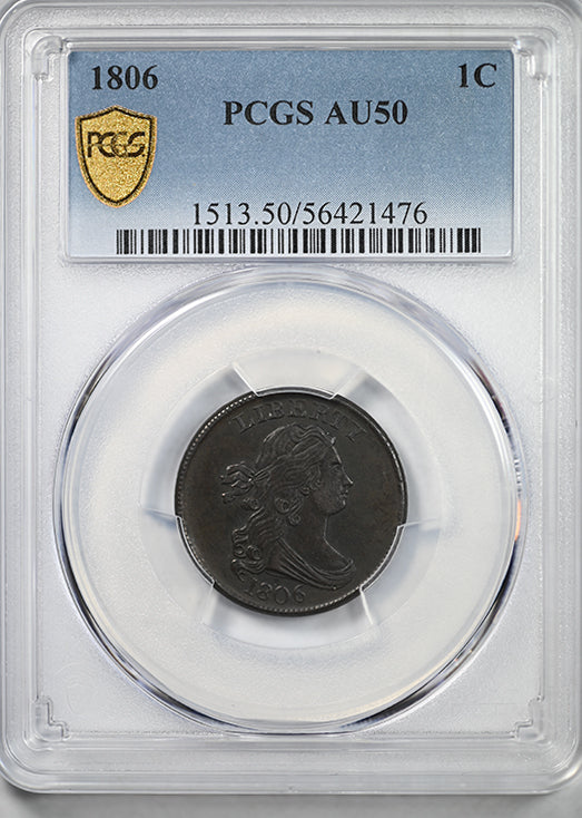 1806 Draped Bust Half Cent 1/2C PCGS AU50 - Small 6, No Stems