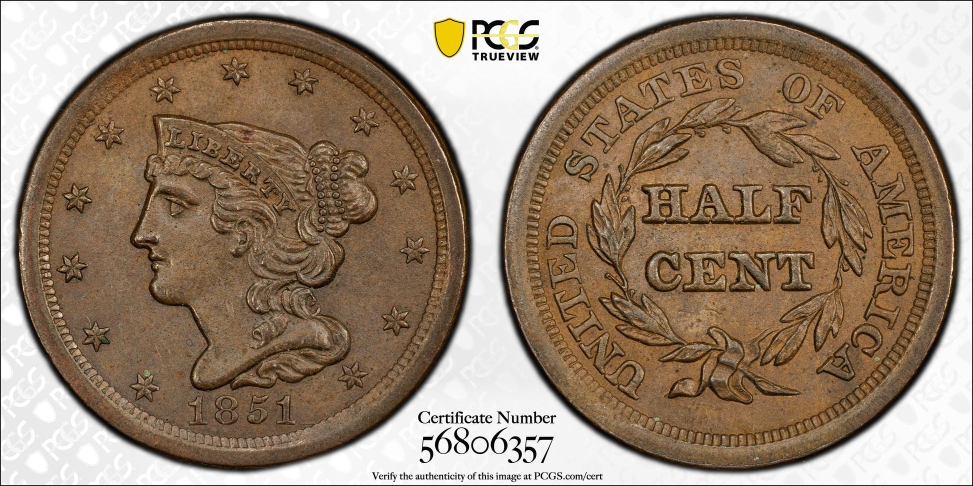1851 Braided Hair Half Cent 1/2C PCGS MS61BN CAC