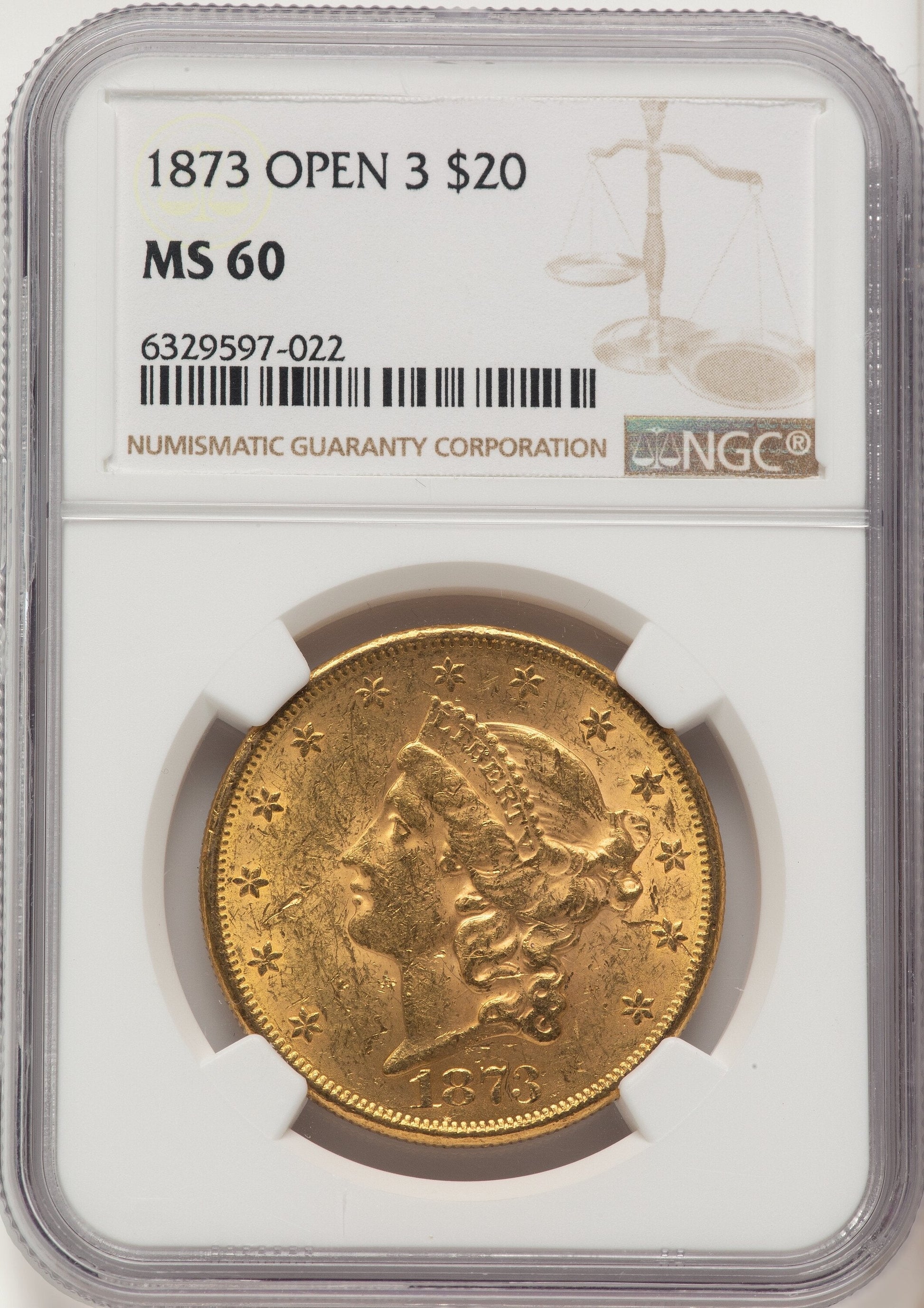 1873 $20 OPEN 3 Liberty Double Eagle NGC MS60