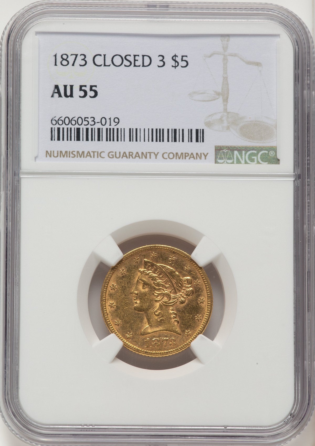 1873 $5 Closed 3 Liberty Half Eagle NGC AU55