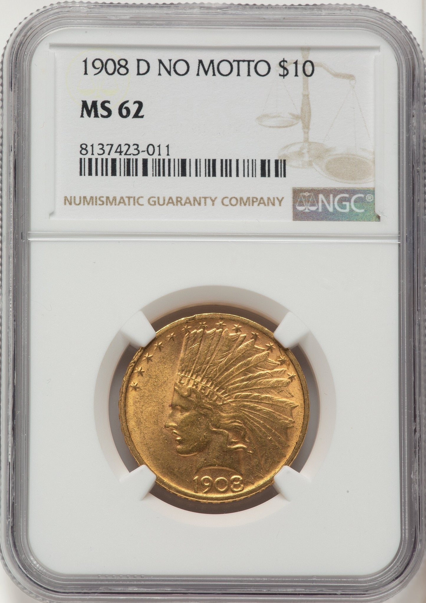 1908-D $10 NO MOTTO Indian Eagle NGC MS62