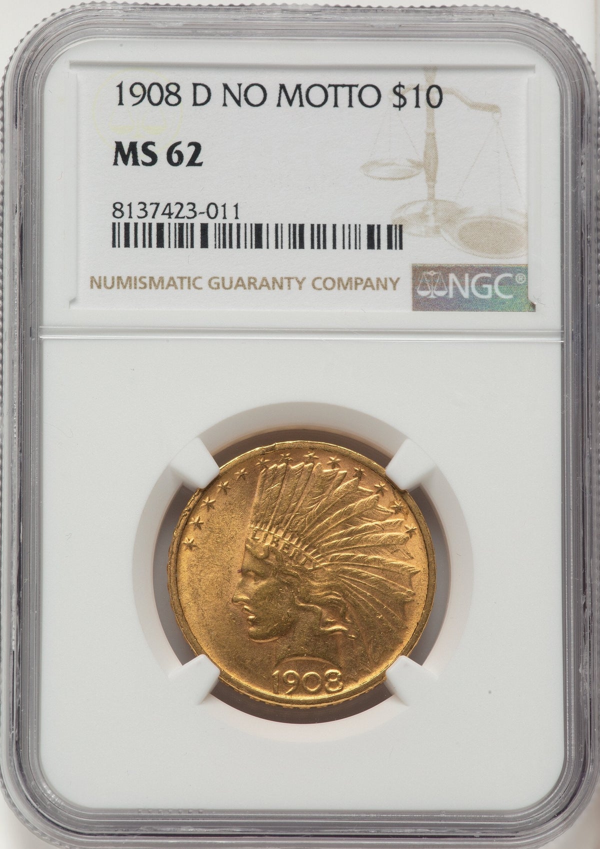 1908-D $10 NO MOTTO Indian Eagle NGC MS62
