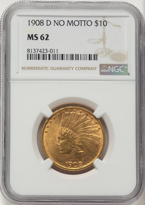 1908-D $10 NO MOTTO Indian Eagle NGC MS62