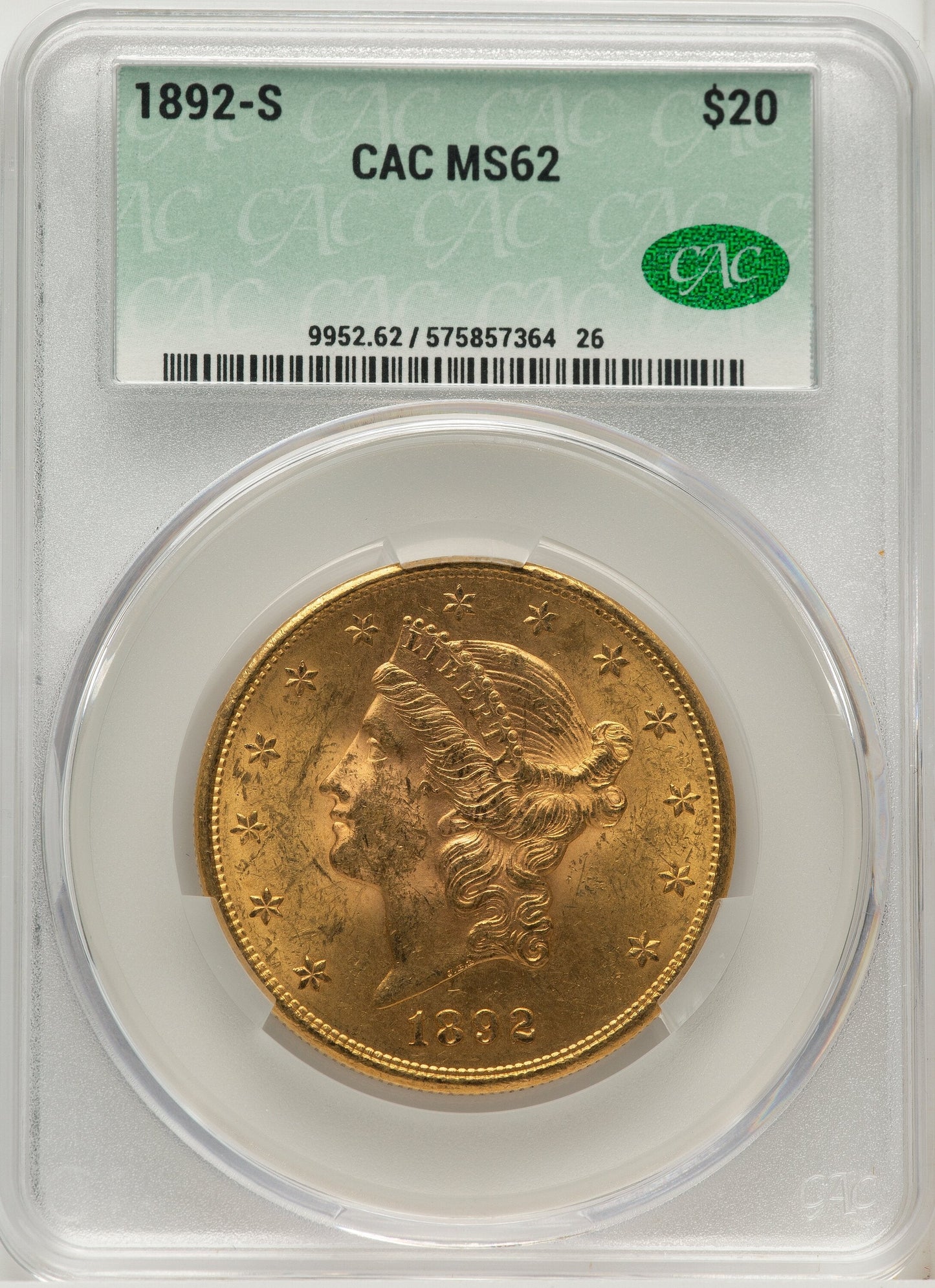 1892-S $20 Liberty Double Eagle CACG MS62