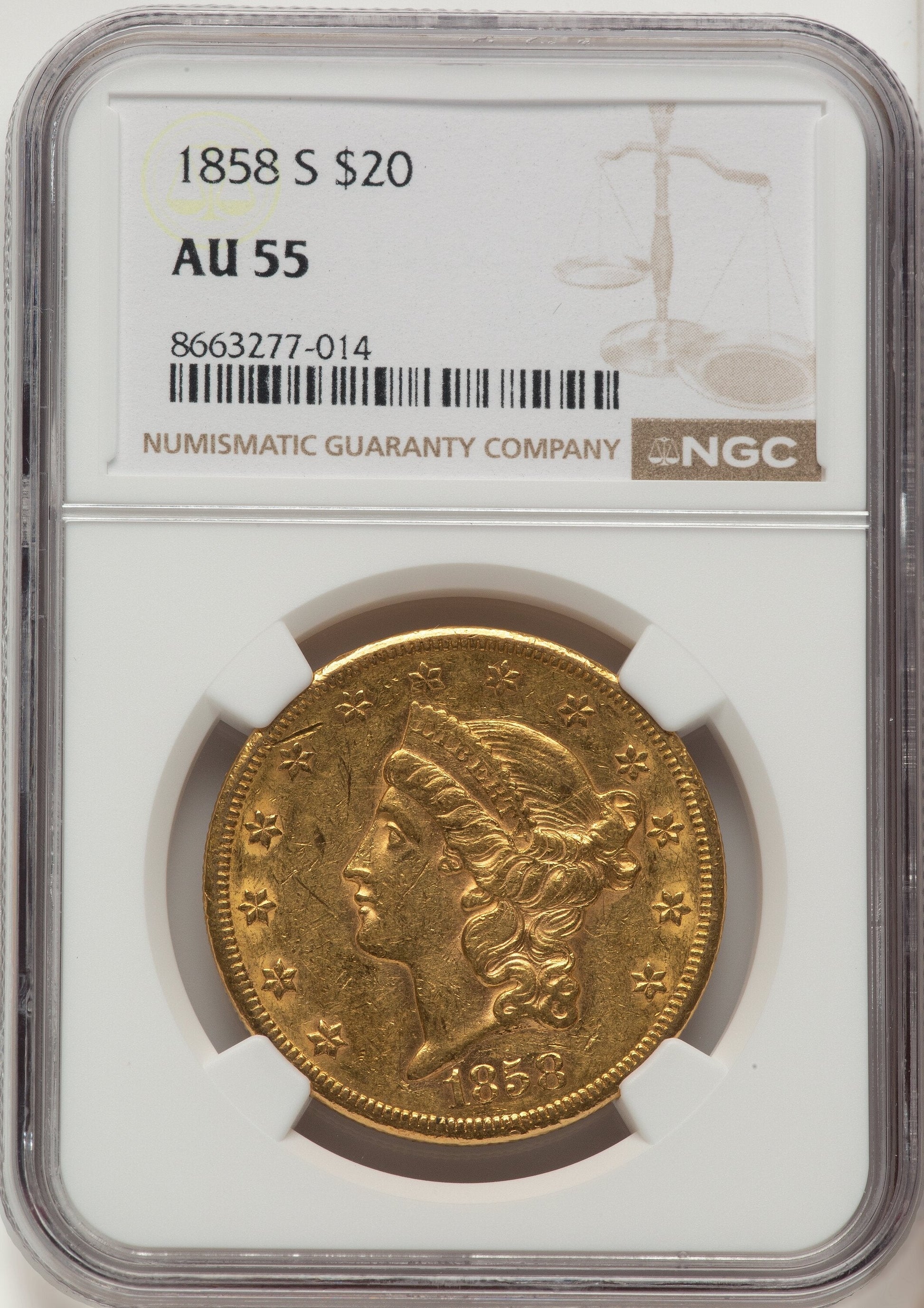 1858-S $20 Liberty Double Eagle NGC AU55