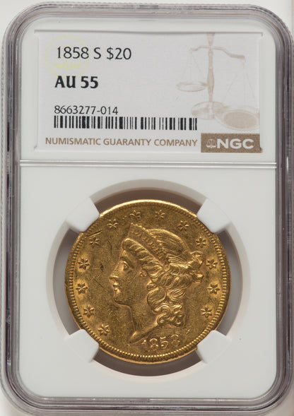 1858-S $20 Liberty Double Eagle NGC AU55