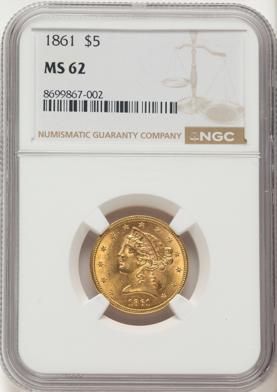 1861 $5 Liberty Half Eagle NGC MS62
