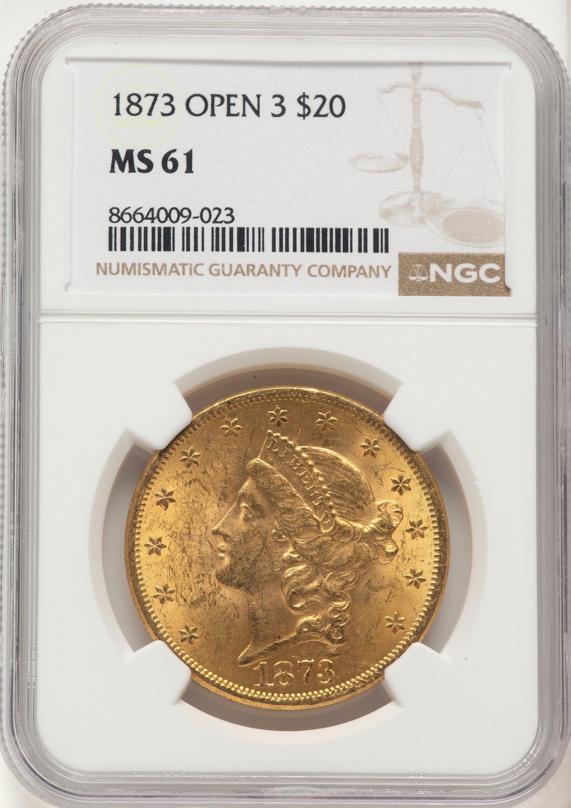 1873 $20 OPEN 3 Liberty Double Eagle NGC MS61