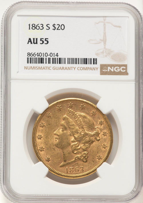 1863-S $20 Liberty Double Eagle NGC AU55
