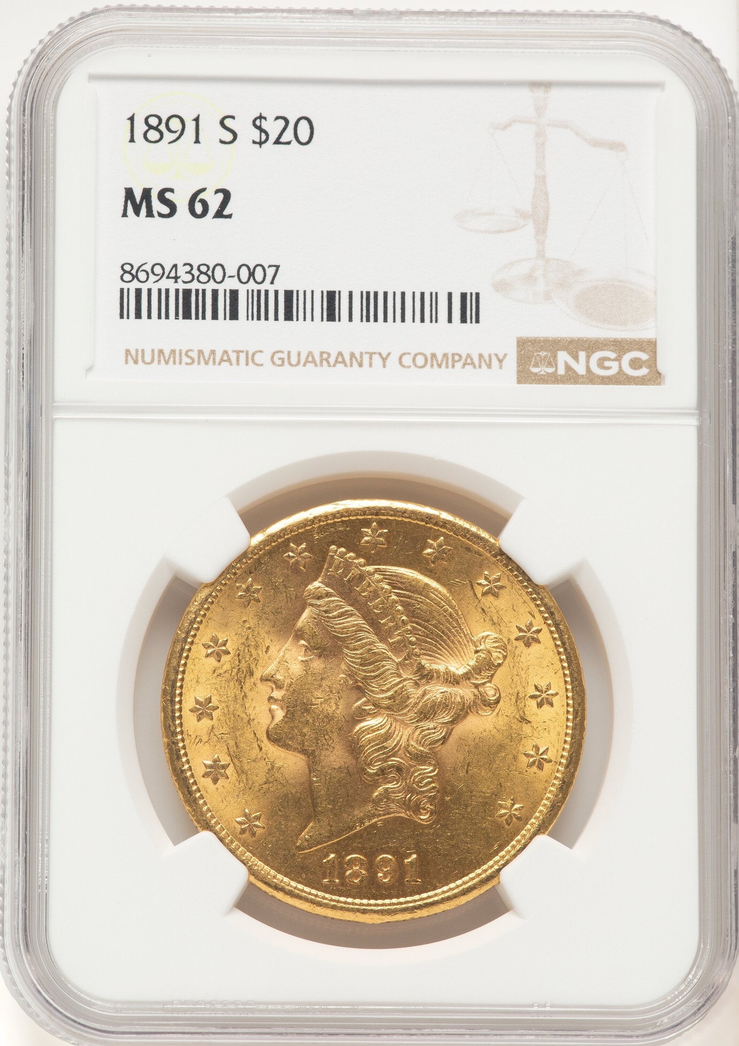 1891-S $20 Liberty Double Eagle NGC MS62