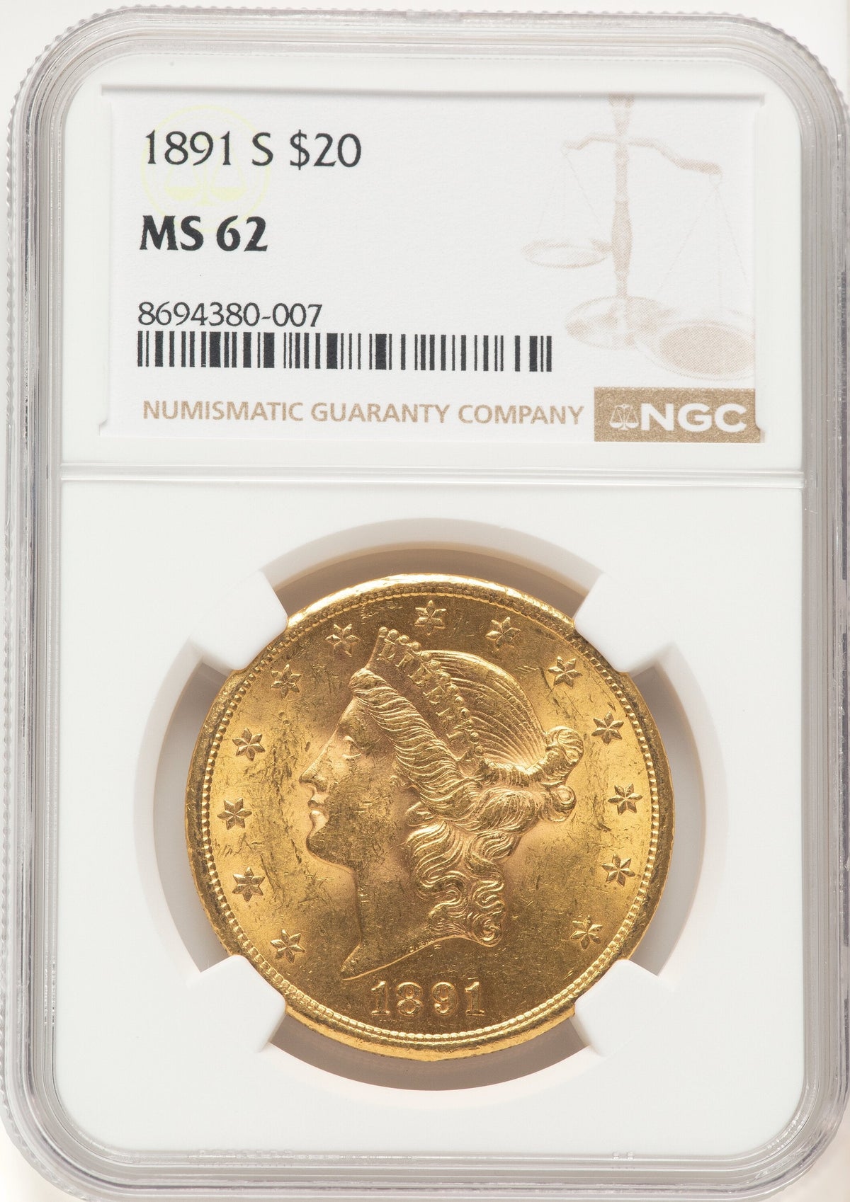 1891-S $20 Liberty Double Eagle NGC MS62