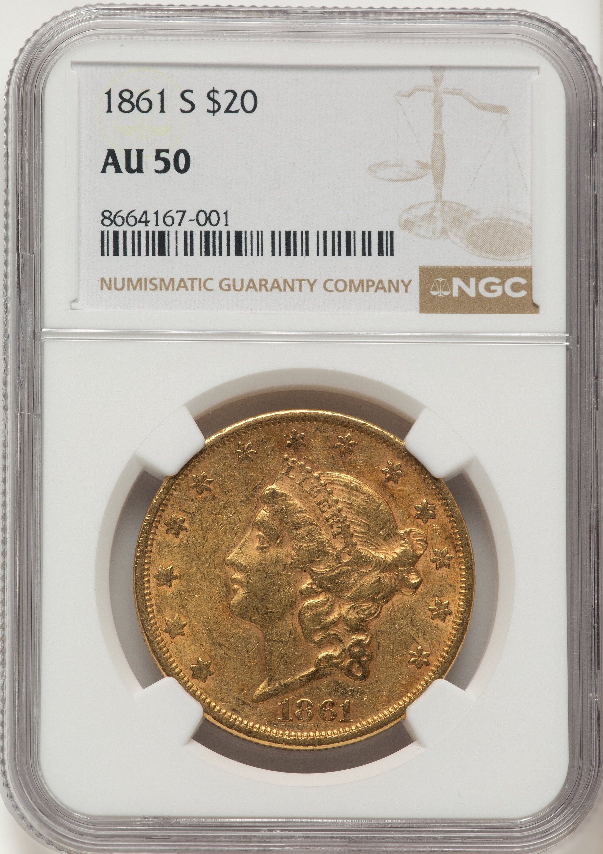 1861-S $20 Liberty Double Eagle NGC AU50