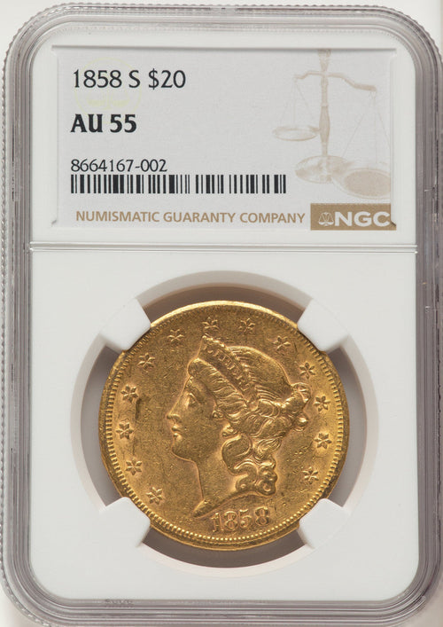 1858-S $20 Liberty Double Eagle NGC AU55