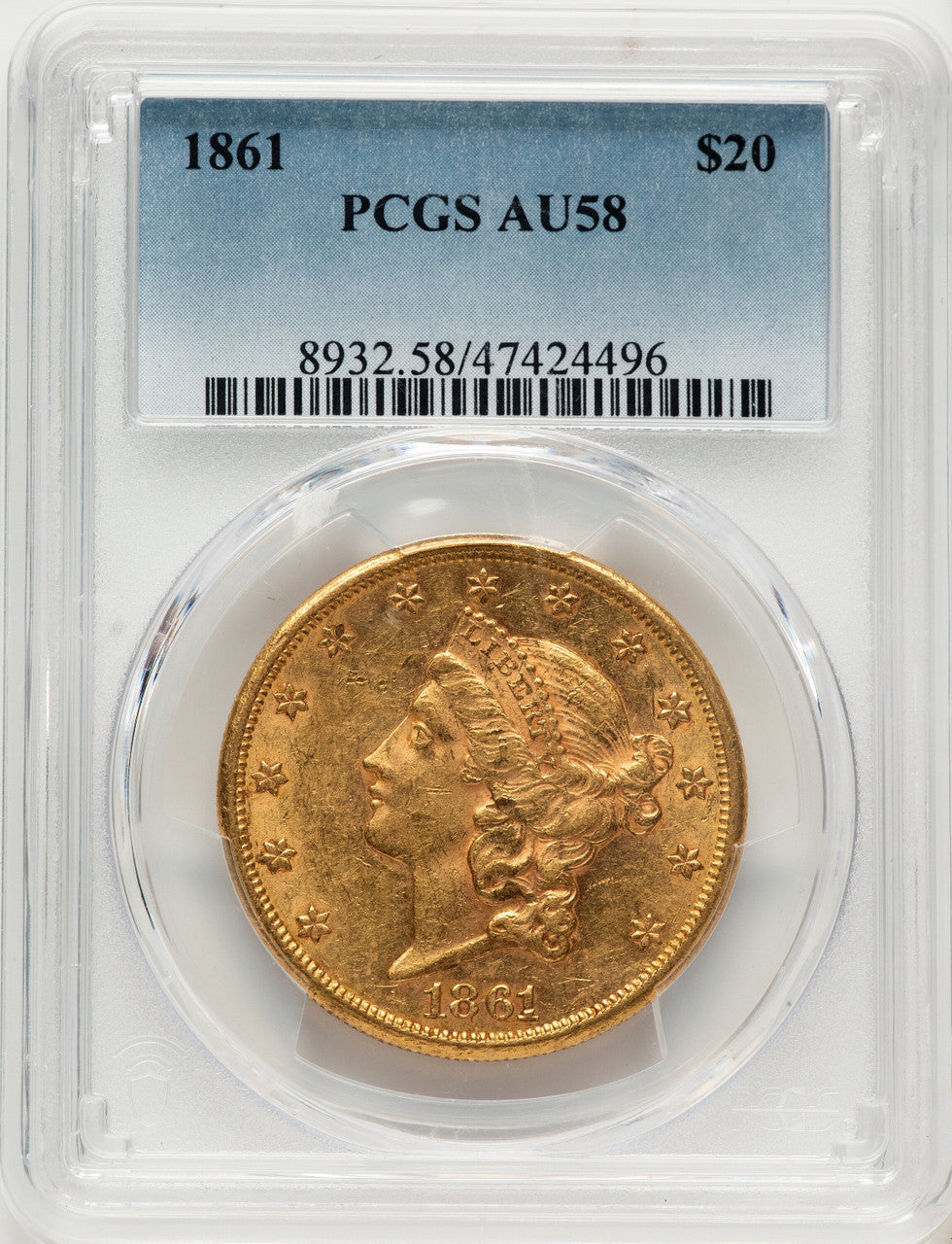 1861 $20 Liberty Double Eagle PCGS AU58