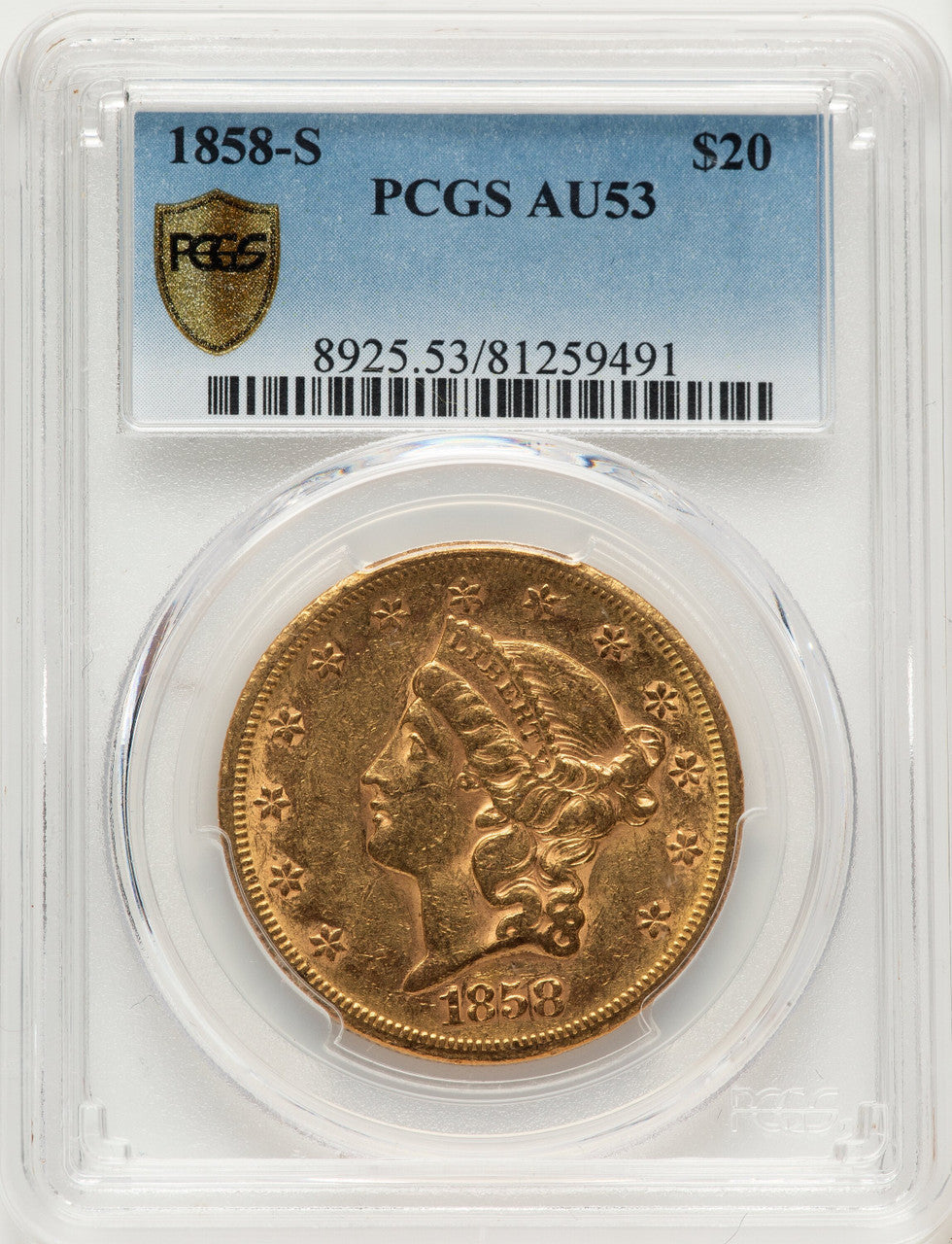 1858-S $20 Liberty Double Eagle PCGS AU53