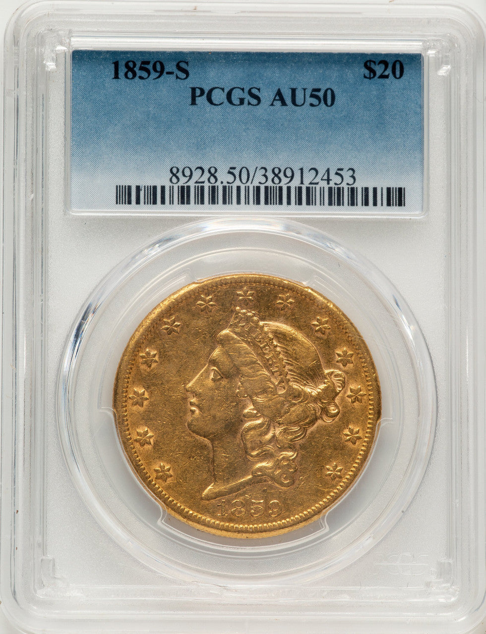 1859-S $20 Liberty Double Eagle PCGS AU50