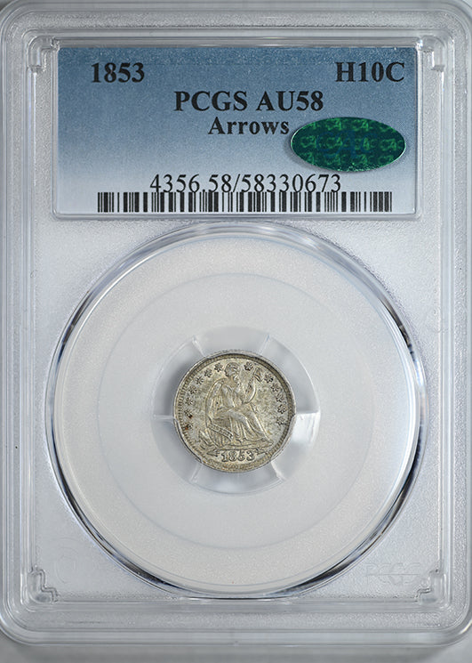 1853 Liberty Seated Half Dime H10C PCGS AU58 CAC - Arrows