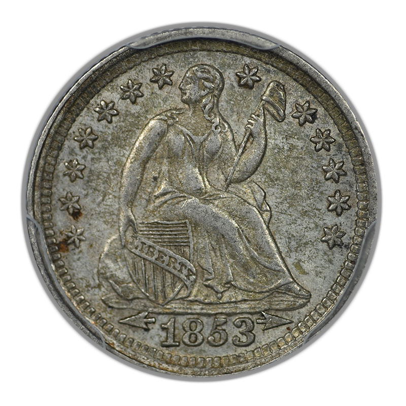 1853 Liberty Seated Half Dime H10C PCGS AU58 CAC - Arrows