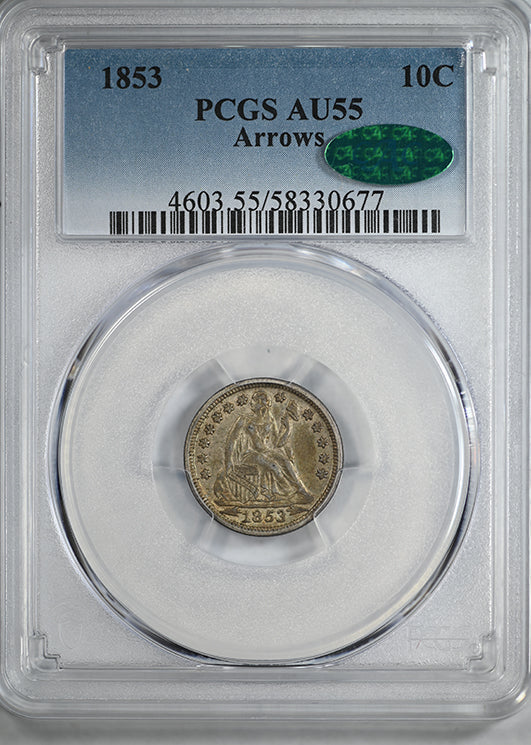 1853 Liberty Seated Dime 10C PCGS AU55 CAC - Arrows