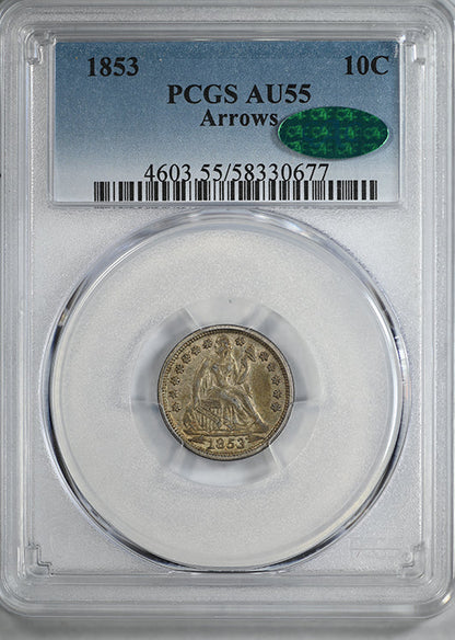 1853 Liberty Seated Dime 10C PCGS AU55 CAC - Arrows