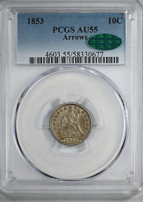 1853 Liberty Seated Dime 10C PCGS AU55 CAC - Arrows