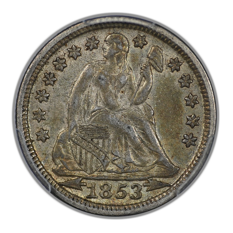 1853 Liberty Seated Dime 10C PCGS AU55 CAC - Arrows