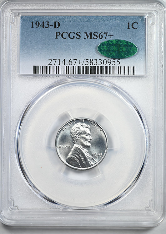 1943-D Steel Lincoln Wheat Cent 1C PCGS MS67+ CAC