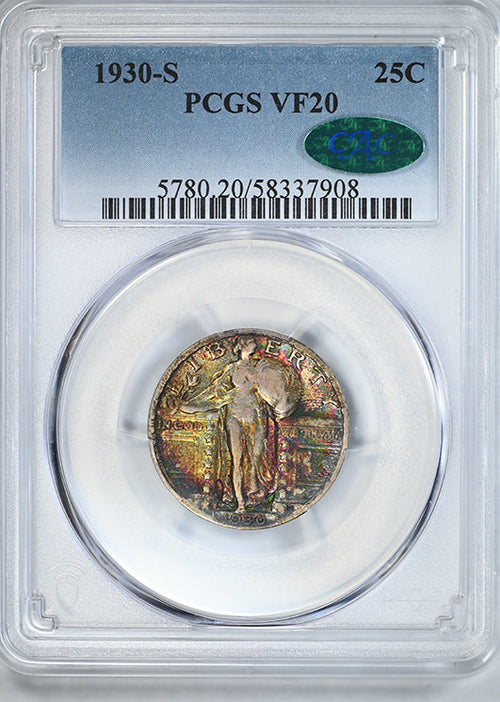 1930-S Standing Liberty Quarter 25C PCGS VF20 CAC - RAINBOW TONED!
