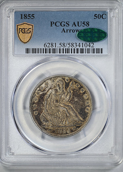 1855 Liberty Seated Half Dollar 50C PCGS AU58 CAC - Arrows