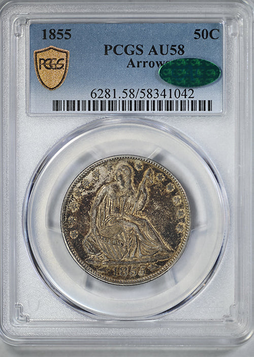 1855 Liberty Seated Half Dollar 50C PCGS AU58 CAC - Arrows