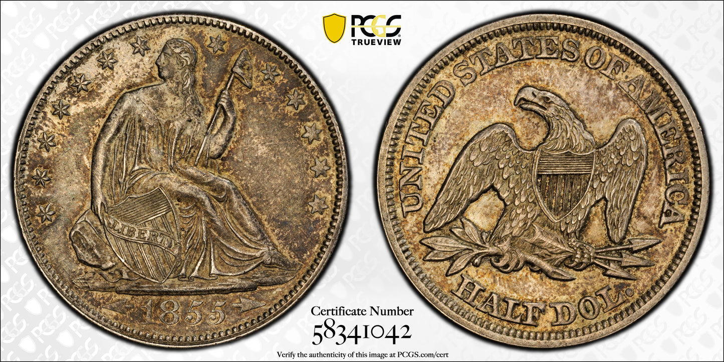 1855 Liberty Seated Half Dollar 50C PCGS AU58 CAC - Arrows