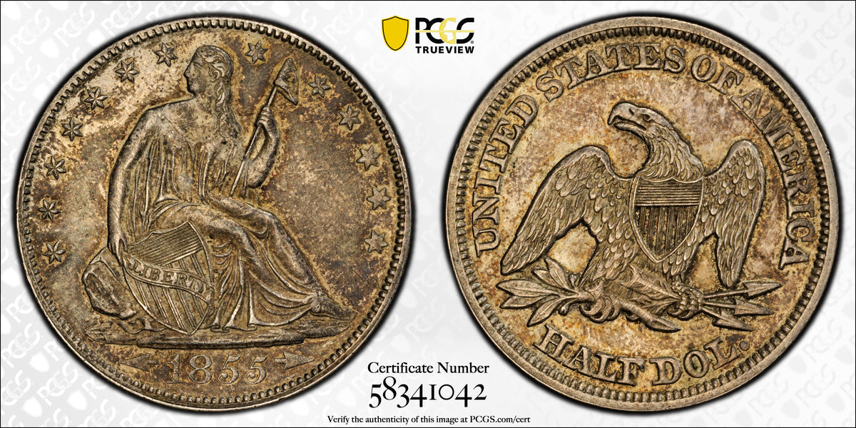1855 Liberty Seated Half Dollar 50C PCGS AU58 CAC - Arrows