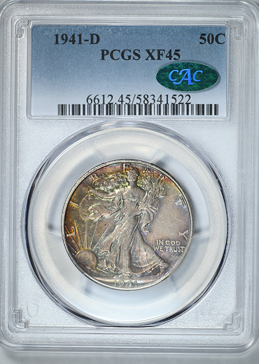 1941-D Walking Liberty Half Dollar 50C PCGS XF45 CAC - RAINBOW TONED!
