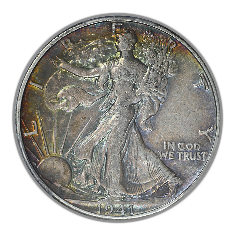1941-D Walking Liberty Half Dollar 50C PCGS XF45 CAC - RAINBOW TONED!