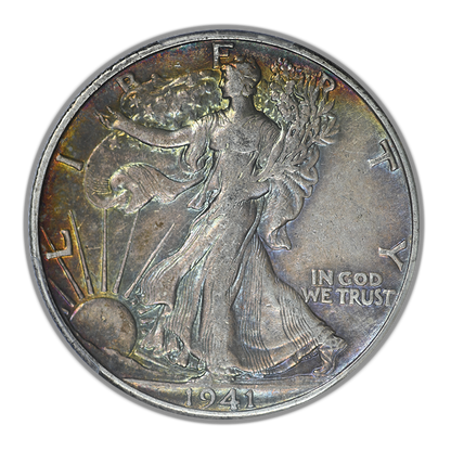 1941-D Walking Liberty Half Dollar 50C PCGS XF45 CAC - RAINBOW TONED!