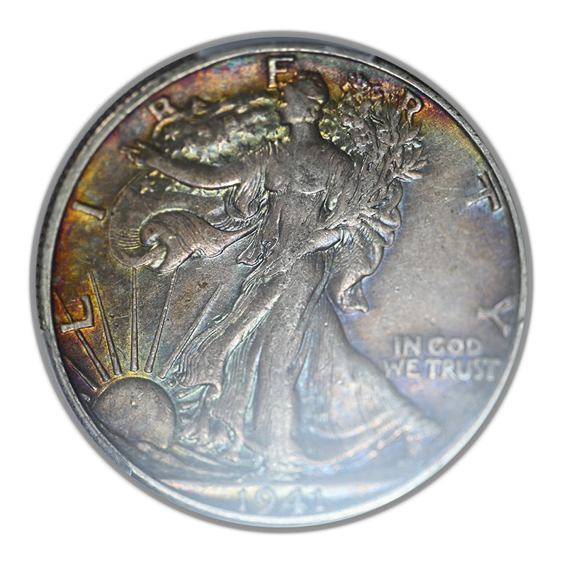 1941-D Walking Liberty Half Dollar 50C PCGS XF45 CAC - RAINBOW TONED!