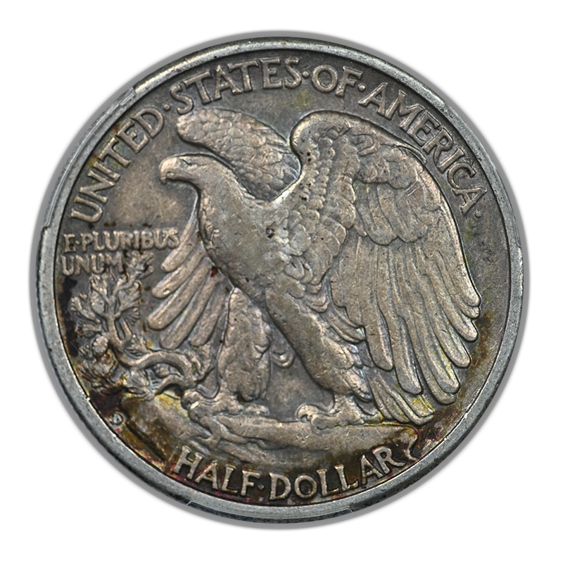 1941-D Walking Liberty Half Dollar 50C PCGS XF45 CAC - RAINBOW TONED!