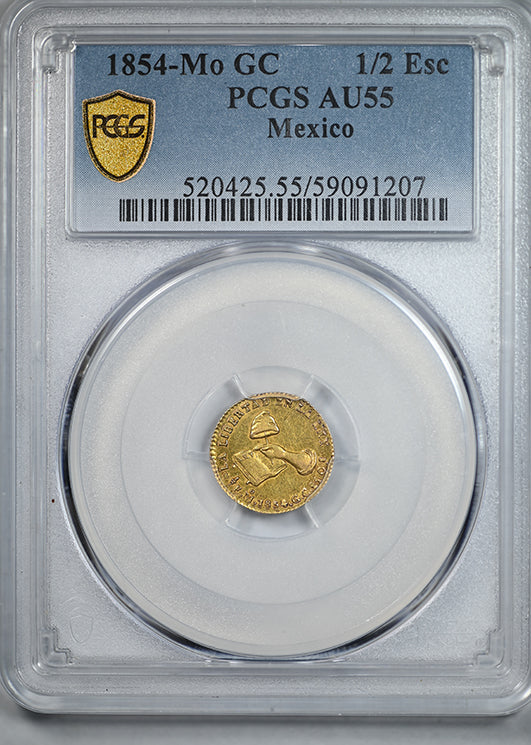 1854-Mo GC Mexico Gold 1/2E Escudo PCGS AU55