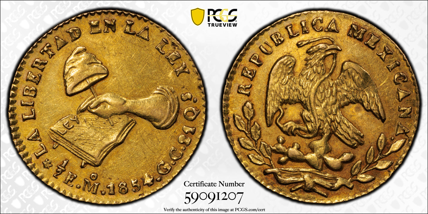 1854-Mo GC Mexico Gold 1/2E Escudo PCGS AU55