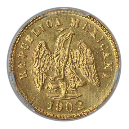 1902-Mo M Mexico Gold G1P Peso PCGS MS65 KM-410.5 Large Date Au