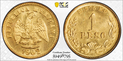 1902-Mo M Mexico Gold G1P Peso PCGS MS65 KM-410.5 Large Date Au