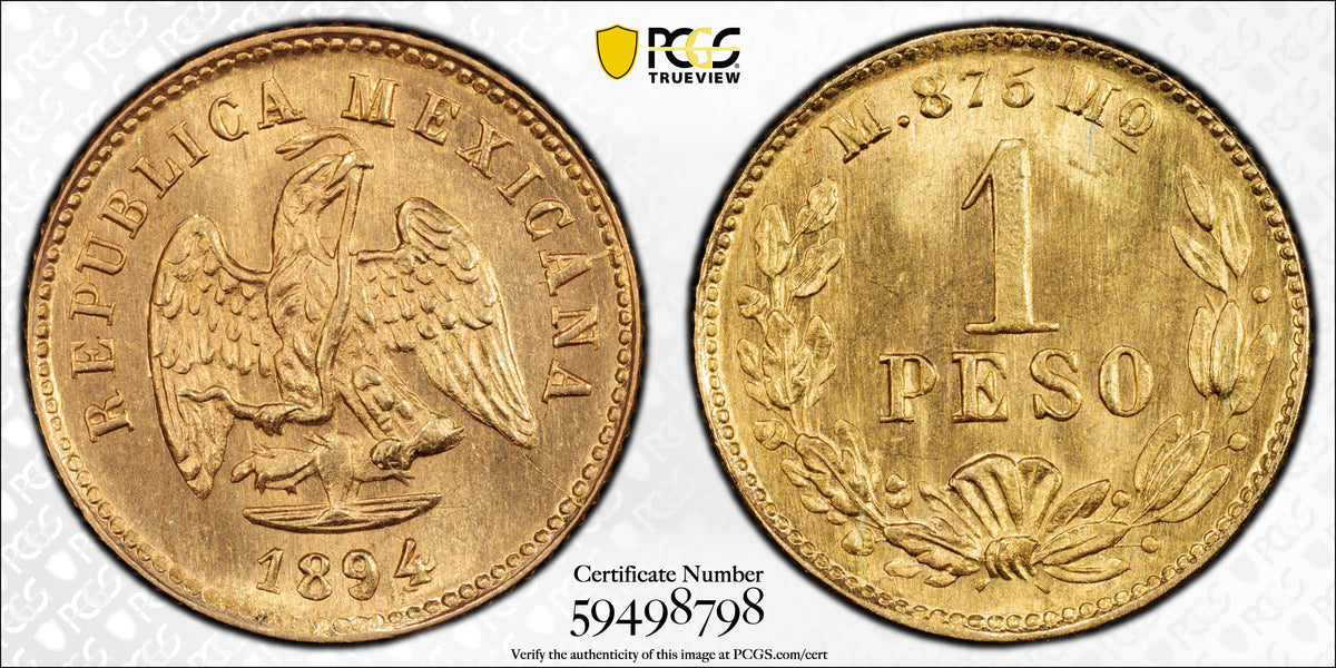 1894/3-Mo M Mexico Gold G1P Peso PCGS MS65 KM-410.5 Au