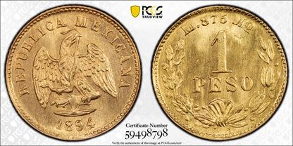 1894/3-Mo M Mexico Gold G1P Peso PCGS MS65 KM-410.5 Au
