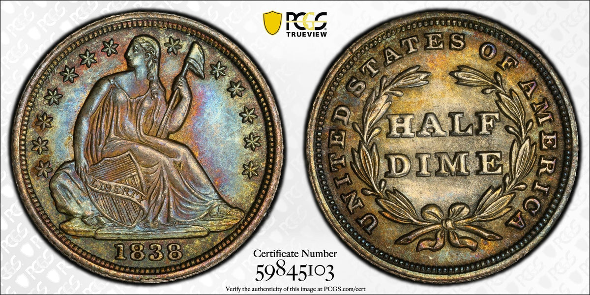 1838 Liberty Seated Half Dime H10C PCGS MS66+ Large Stars - TONED!