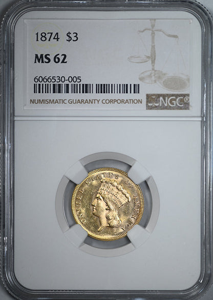 1874 Indian Princess Gold Three Dollar Piece $3 NGC MS62