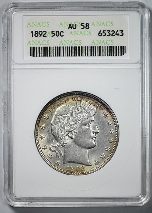 1892 Barber Half Dollar 50C ANACS Soapbox AU58