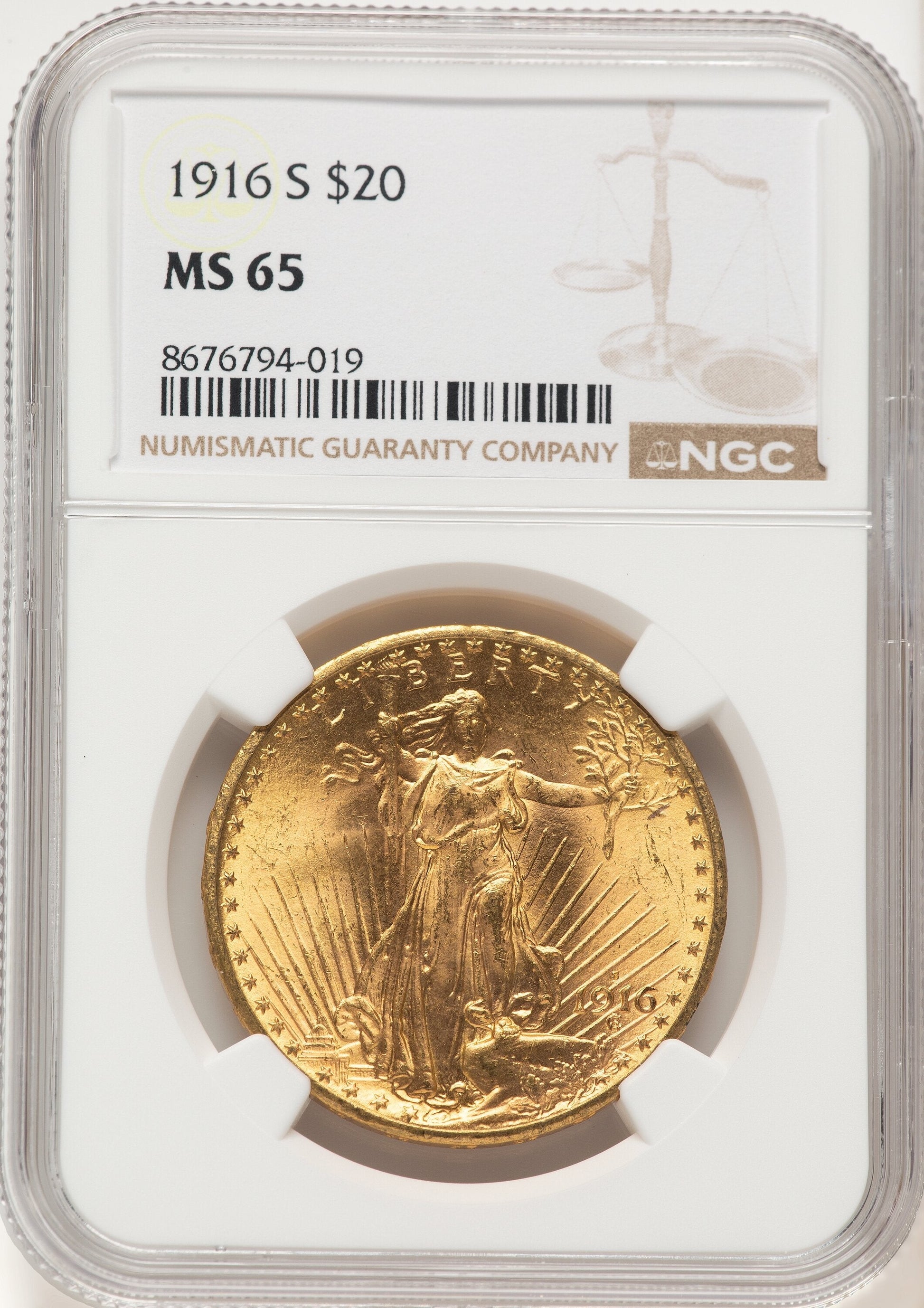 1916-S $20 Saint-Gaudens Double Eagle NGC MS65