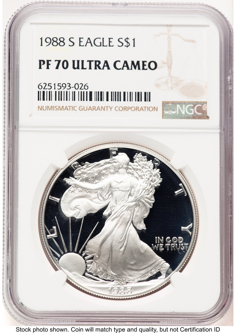 1988-S Proof Silver Eagle 1 oz Brown Label NGC PF70 (752100145)